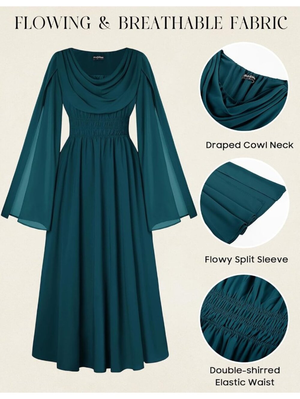 Women's Blue Green Renaissance Bell Sleeve Cowl Neck Imported Costume Dress - Picture 6 of 6